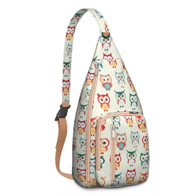 Owl Print Crossbody Sling Bag - Fashionable Night Owl Design Shoulder Backpack with Layered Storage Pockets