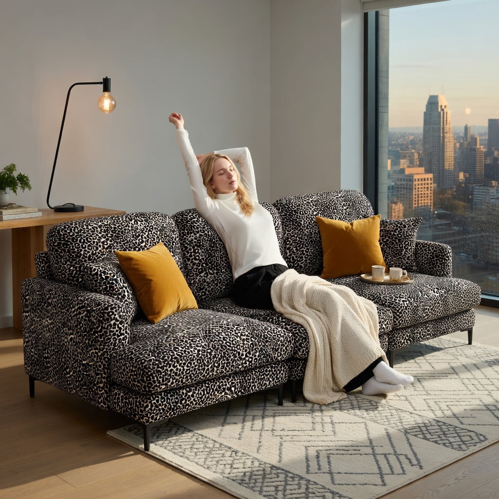 Hommoo 131" Leopard Print Chenille L-Shaped Sectional Sofa with Movable Ottoman, Tassel Trim, Ergonomic Support & Easy Assembly, Modern Living Room Set, khaki