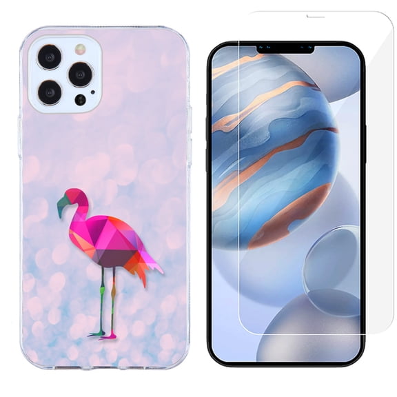 Slim-Fit Protective Phone Case compatible with iPhone 12 Pro Max, with Tempered Glass Screen Protector, by OneToughShield ® - Flamingo / Polygon