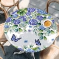 thumbnail image 2 of Purple Hydrangea Round Tablecloth, Fitted Table Cover with Elastic for 45"-54" Round Tables, Spring Eucalyptus Butterfly Pastoral Table Cloth Outdoor Indoor Dinning Party Waterproof Tablecloths, 2 of 7