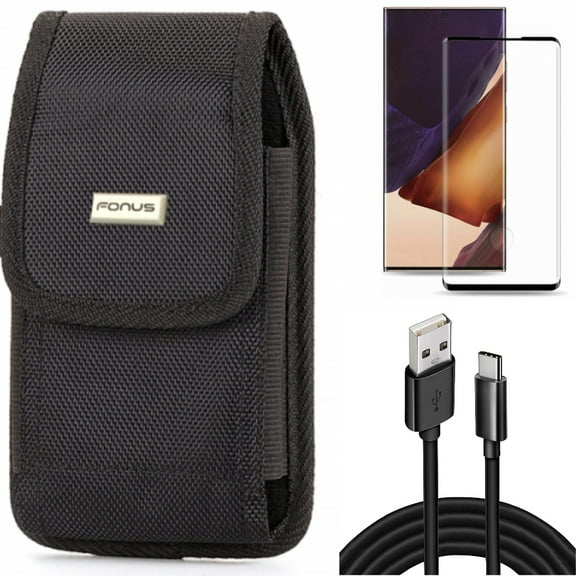 10ft USB Cable & Screen Protector & Case Belt Clip for Samsung Galaxy Note 20 Ultra (6.9") - Combo with Type-C Charger Cord & Tempered Glass (Fingerprint Unlock) & Swivel Holster