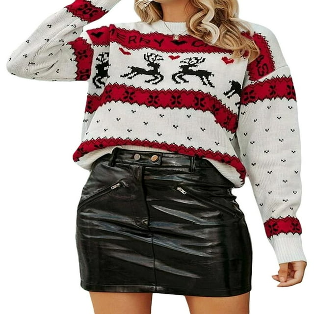 Women Christmas Knit Sweater Elk Pattern Long Sleeve Pullovers
