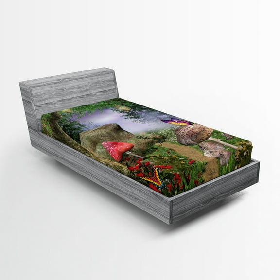 Ambesonne Mushroom Fitted Sheet, Butterflies, Twin XL Size, Tan Green Red