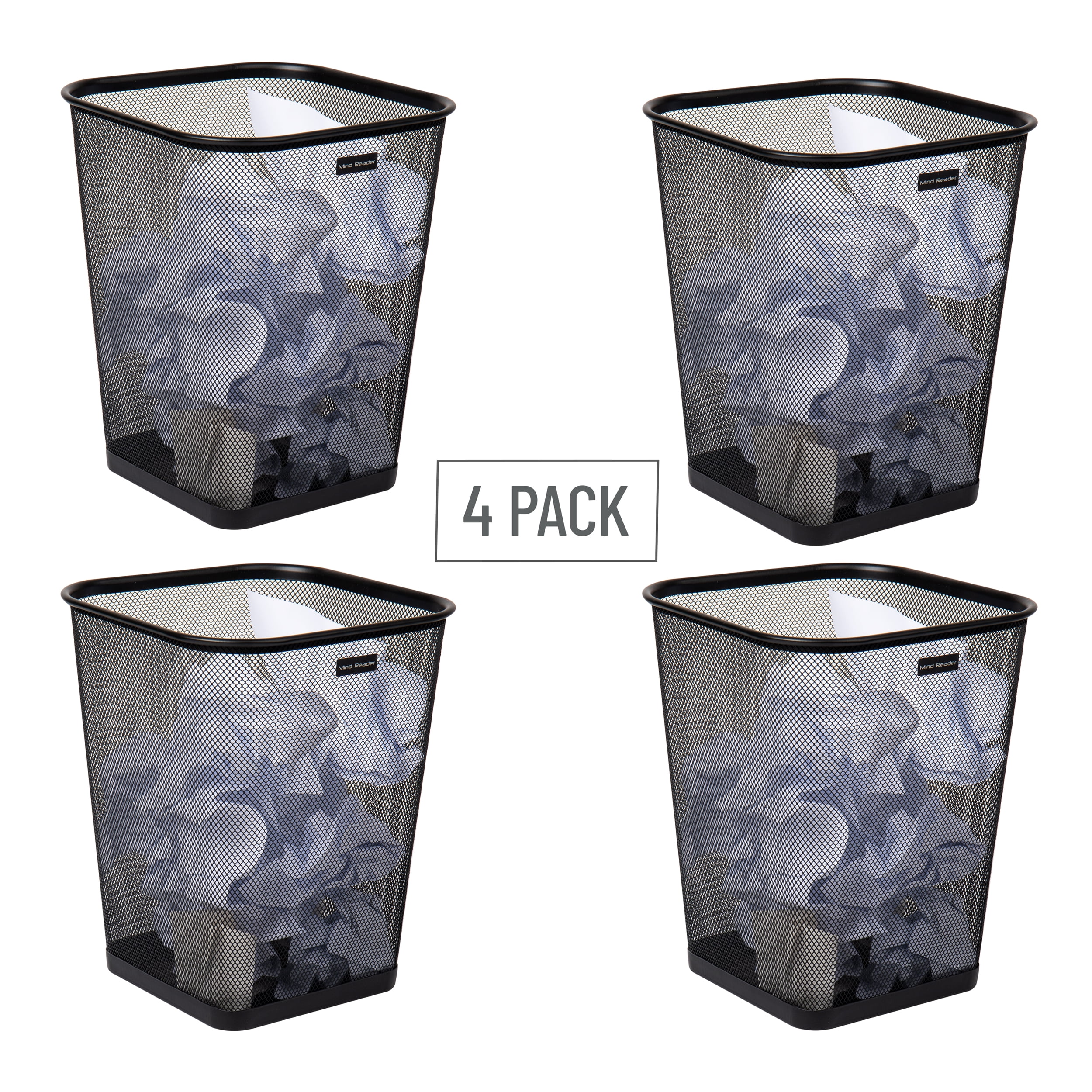 Mind Reader Mesh Trash Can, Waste Paper Basket, Square, Office, Metal Mesh, Set of 4, Black