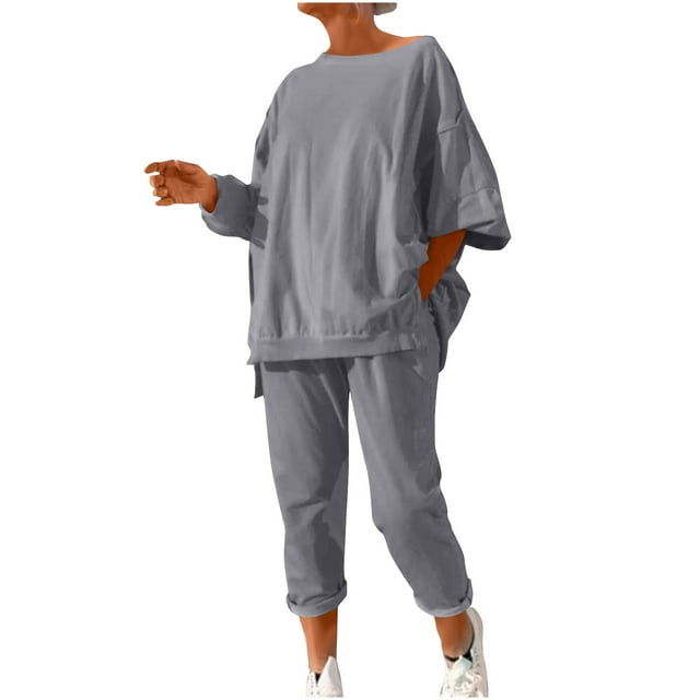 Enjoytime Vacation Outfits for Women Solid Color Round Neck Loose Pullover Sweatshirt Sweatpants Sweatsuits Fall Winter Fashion Lounge Set
