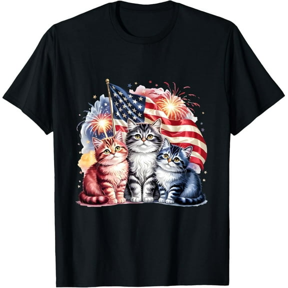 Cat Patriotic America Cats USA Flag Fireworks 4th Of July T-Shirt