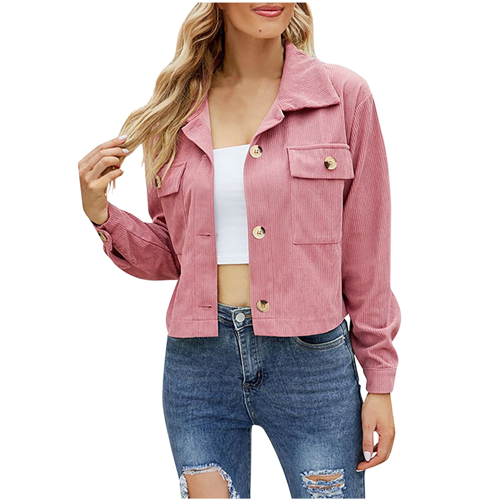 Xzngl Womens Jackets Lightweight Fashion Womens Casual Sexy Fashion Solid Color Long Sleeve Short Jacket Corduroy Long Sleeve Lapel Top Shirt Long Sle