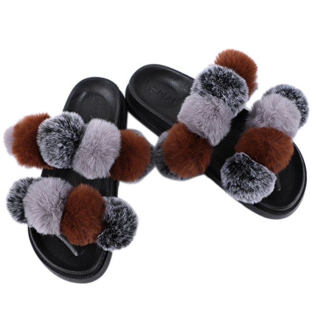 Women Furry Slippers Fashion Pom Pom Ball Faux Fur Slippers Fluffy Sandals