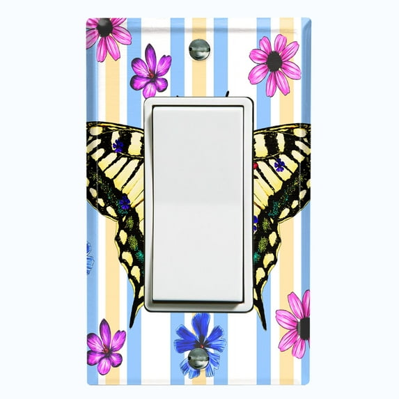 Metal Light Switch Plate Cover Unique Floral Butterfly Yellow Blue Stripes BUT006
