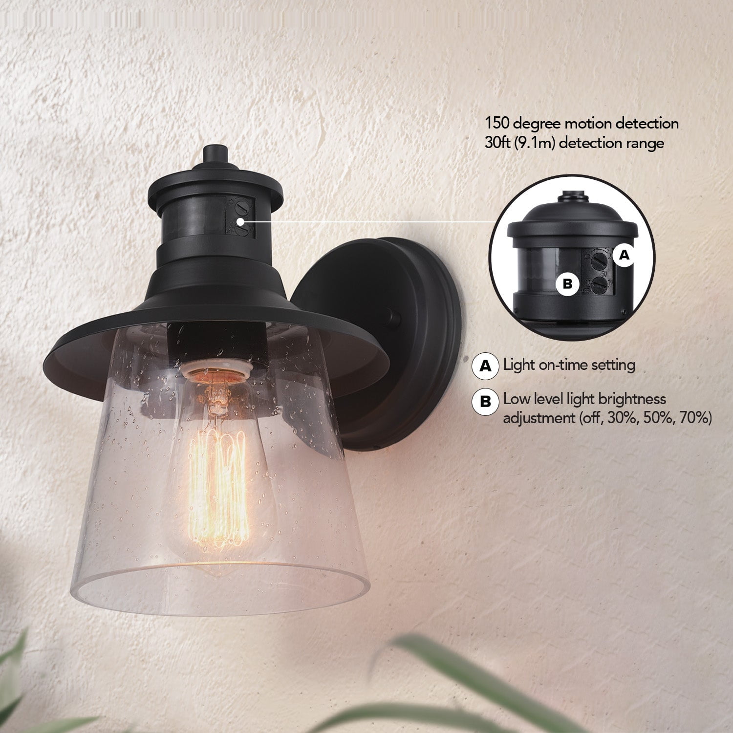 Globe Electric Juno 1-Light Matte Black Motion Sensor Outdoor Wall Sconce with Clear Seeded Glass Shade