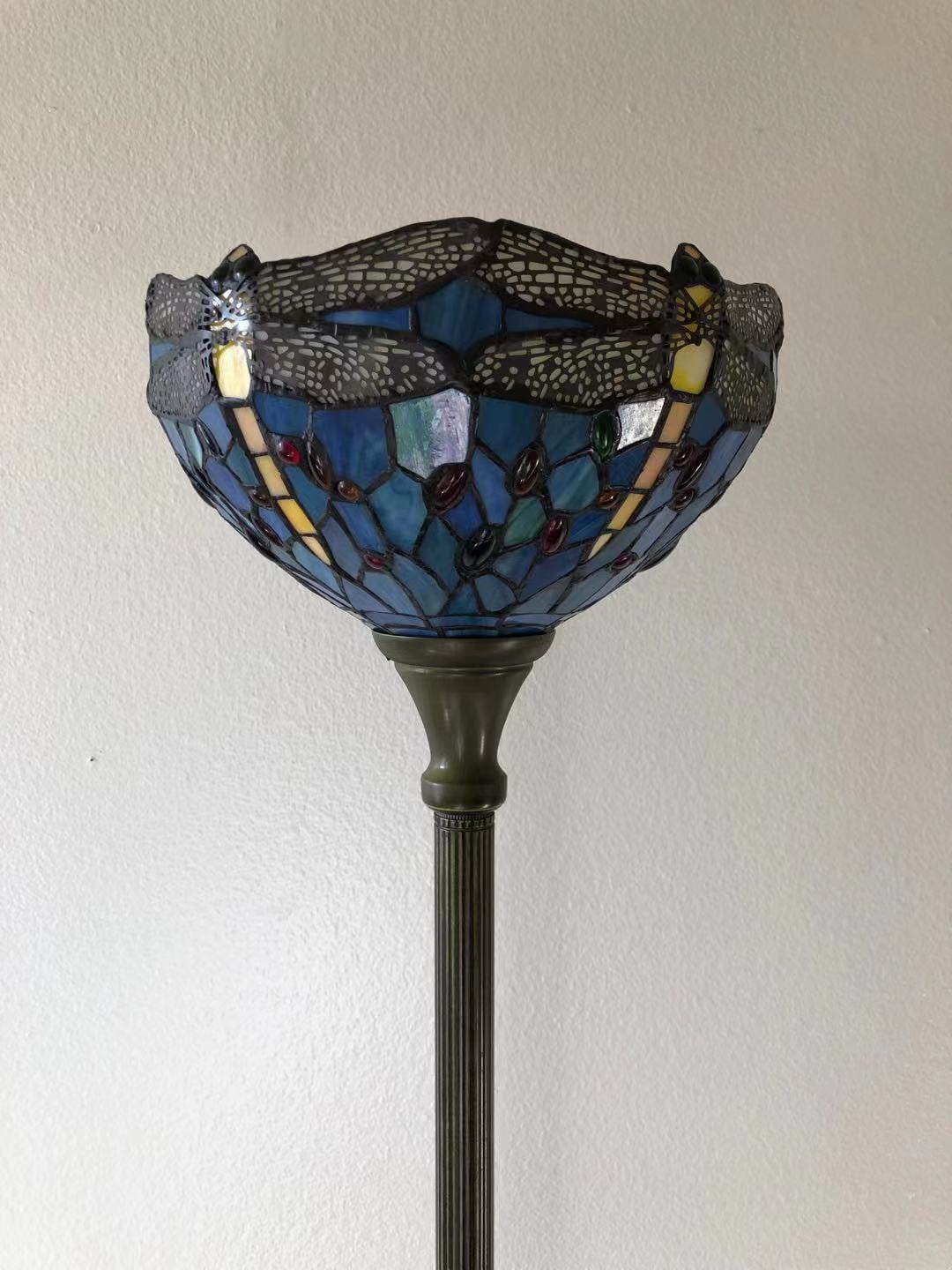 Tiffany Torch Floor Lamp Blue Stained Glass  Dragonfly LED Bulb Included For Living Room Bedroom 12"W*12"D*66"H