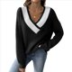 thumbnail image 1 of Suéter de Punto Ligero de Larga para Mujer, con Cuello en V y Costuras en Contraste. Negro S, 1 of 9