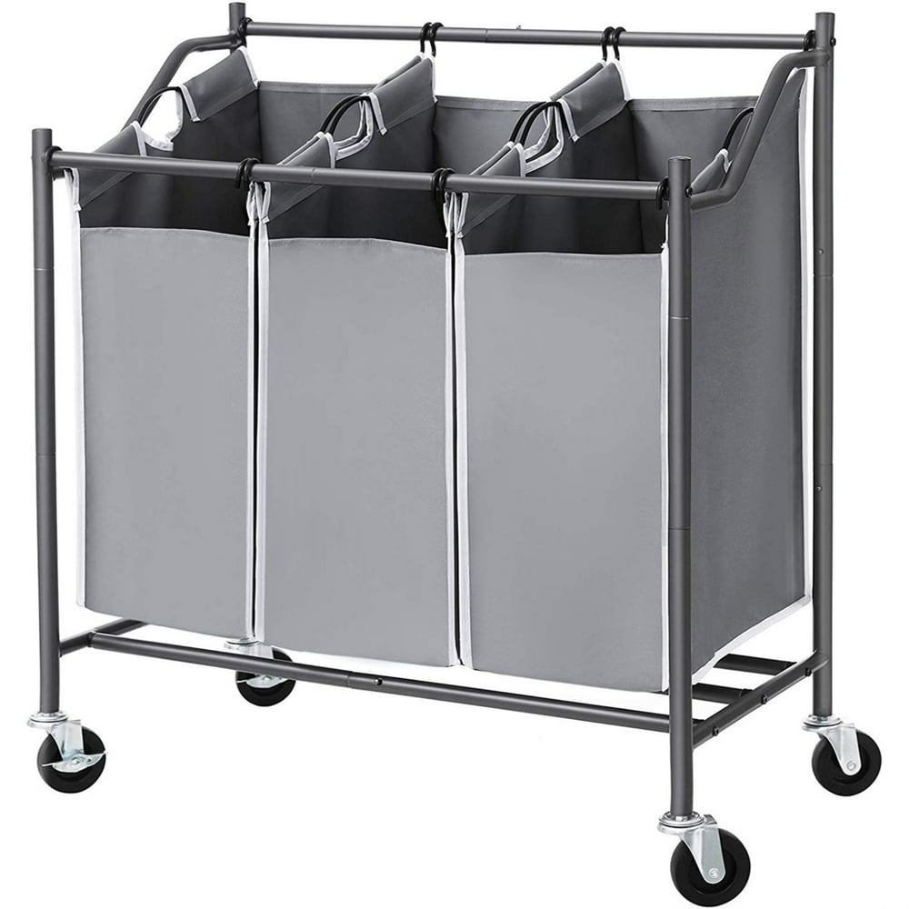 3 Bag Metal Frame Laundry Hamper with Casters, Gray
