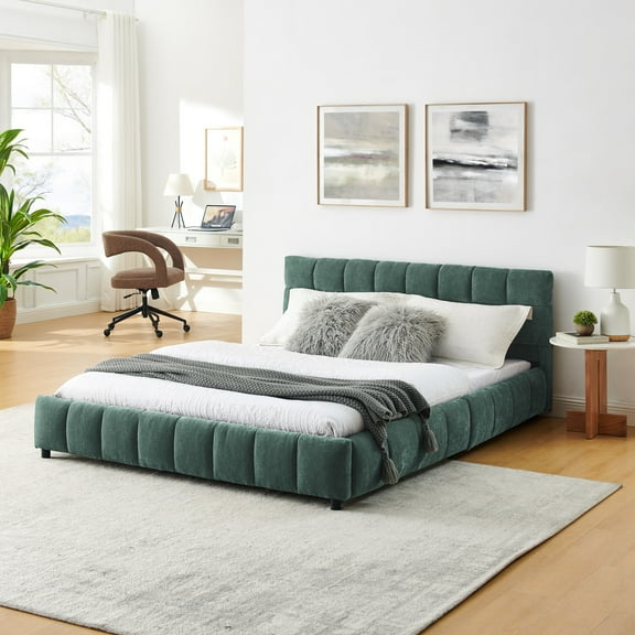 Noble House Queen Upholstered Bed, Chenille Platform with Headboard, Solid Frame and Storage Drawers, Blue Green