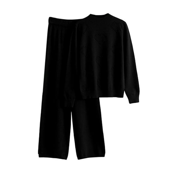 AINIYS Women's 2 Piece Outfits Long Sleeve Knit Crewneck Sweater Top Casual Wide Leg Pants Loungewear Sets Black Free Size