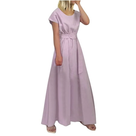 

YanHoo Women s Swing Dresses Short Sleeve Round Neck Waist Belt Maxi Dress Casual Summer Loose Dress