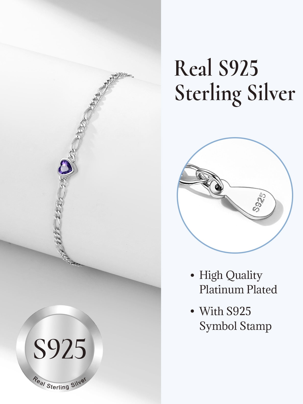 U7 Heart Anklet Bracelet for Women February Purple Amethyst Sterling Silver Figaro Anklet Charming Summer Jewelry Gift Beach Foot Chain for Daughter