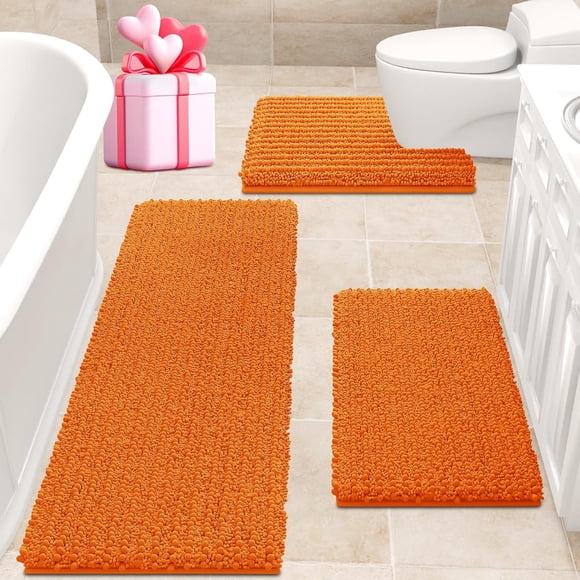 ACCUMTEK Upgrade Extra Large Bathroom Rug Set 3 Pieces Ultra Soft, Thick Absorbent Bath Mats, Non Slip Chenille Toilet Mat for Bathroom, Bedroom, Kitchen,Orange 48"x20"+ 24"x17"+ U Shape 20"x24"