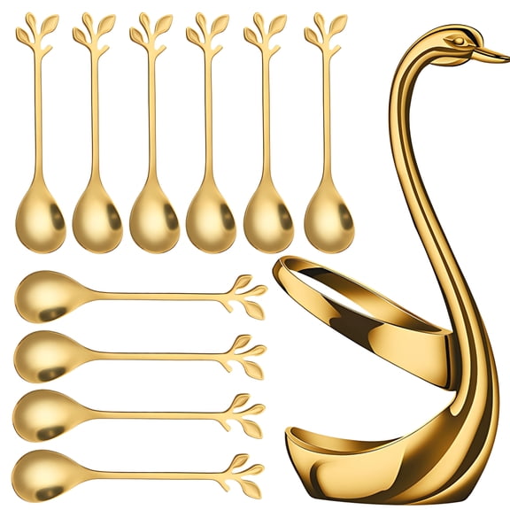 Swan Fruit Pick Cup Set, Gold Stainless Steel Dessert Spoon with 10 Forks, Elegant Swan-Shaped Stand, Creative Tree Branch Handles, Ideal for Fruits and Sweets, Perfect for Parties and Gatherings