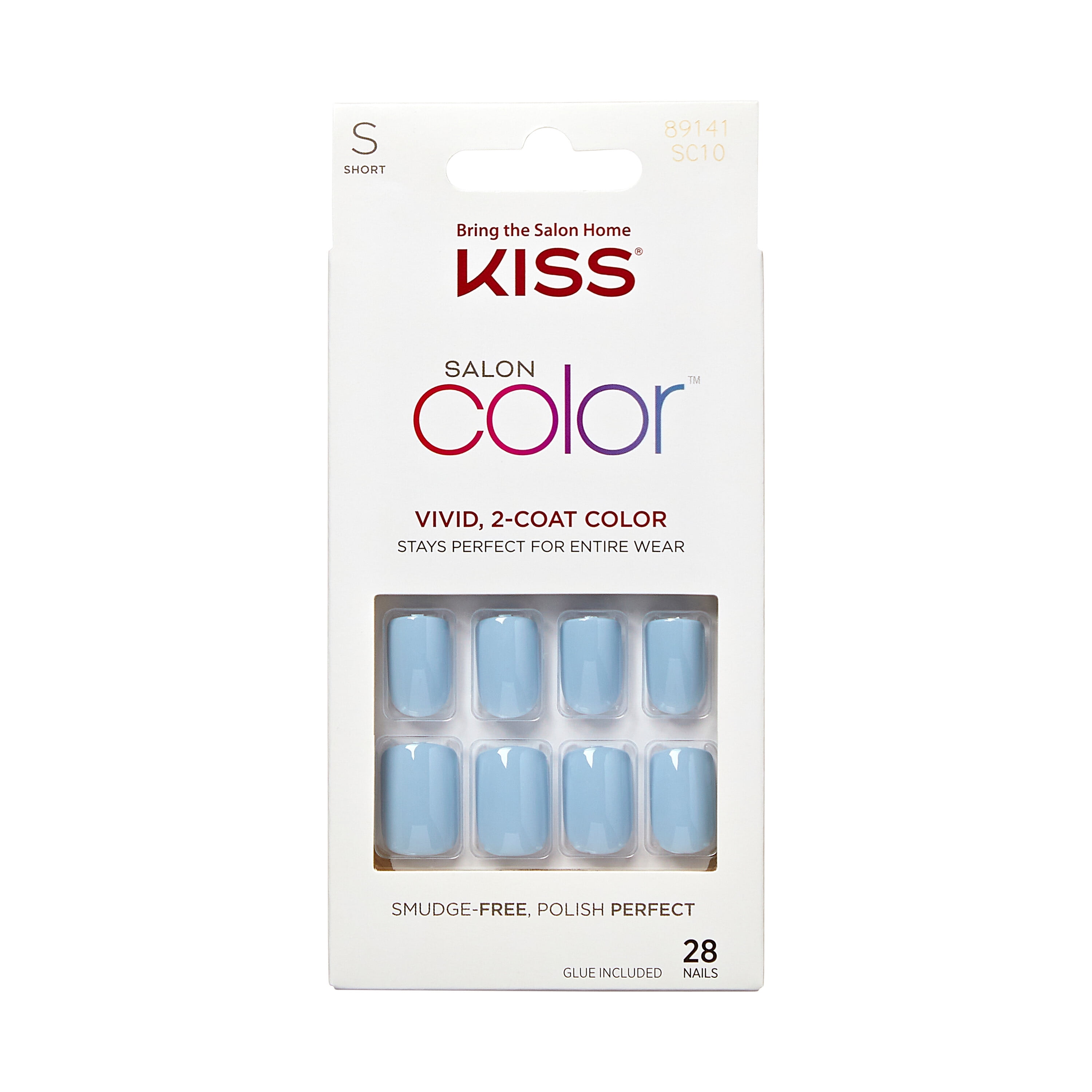 KISS Salon Color Short Square Fake Nails, Glossy Solid Blue, 28 Count