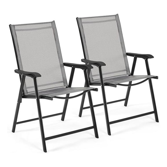 WDZS Patio Dining Chairs Set of 2 with Armrests, Outdoor Folding Chairs with Metal Frame and Backrest for Lawn, Garden, Yard and Poolside, Gray