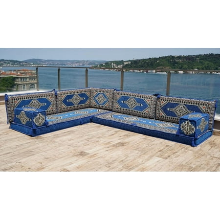 L Shaped Blue Arabic Sofa Set with Floor Cushions Modular Sectional Sofa for Living Room Patio Sofas Turkish Sofa Seating