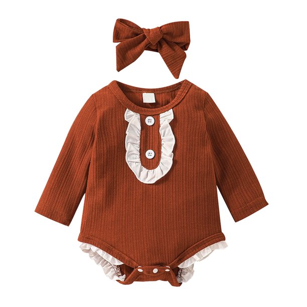 Gibobby Mameluco niño Conjunto de diademas para recién nacidos con volantes y manga larga para niñas pequeñas(Marrón, 6-9 Meses)