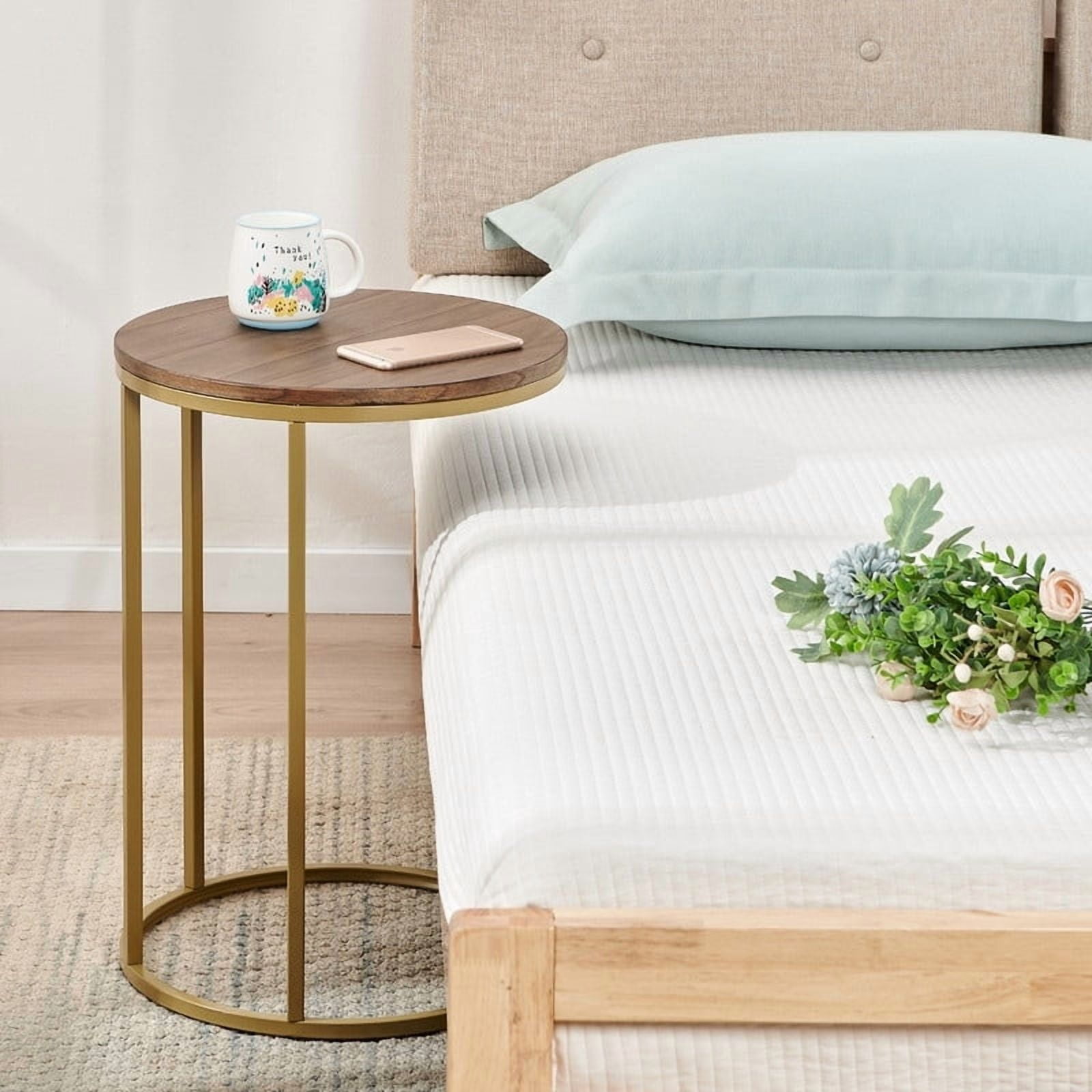 SD 23" H Round  Wood Top Sofa SideTable, Snack Table, Gold/oak