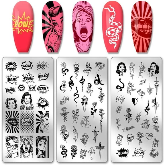 3pcs Comic Text Nail Stamping Plates Retro Avatar Snake Rose Skull Nail Stamper Nail Art Stencils Print Nail Stencils Stainless Steel Nail Image Plate Salon
