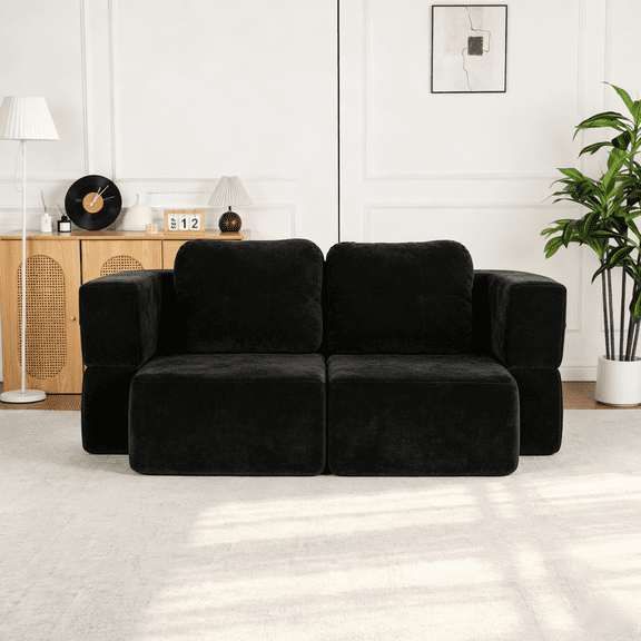 Black 2‑in‑1 Convertible Sofa Bed, Foldable Cloud Couch Floor Mattress with Pillows & Blanket, No‑Assembly Guest Sleeper Sofa for Small Space