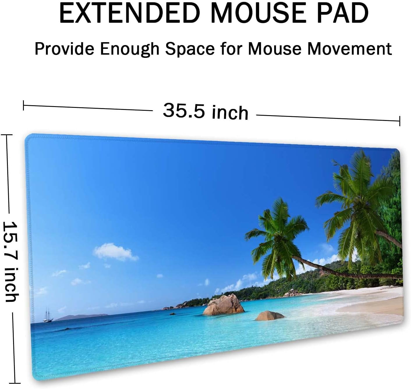 Tropical Paradise Sunshine Beach Coast Sea Palm Trees Mouse Pad 35.5 X 15.7 Inch XXL Full Desk Mousepad Extended Large Non-Slip Rubber Base Waterproof Big Keyboard Mat with Stitched Edges