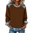 thumbnail image 3 of Women's Denim Trim Sweatshirt, Crewneck Pullover with Denim Accents, Long Sleeve Casual Loose Fit Top, Streetwear Fashion Crewneck Sweatshirt Brown XL, 3 of 6