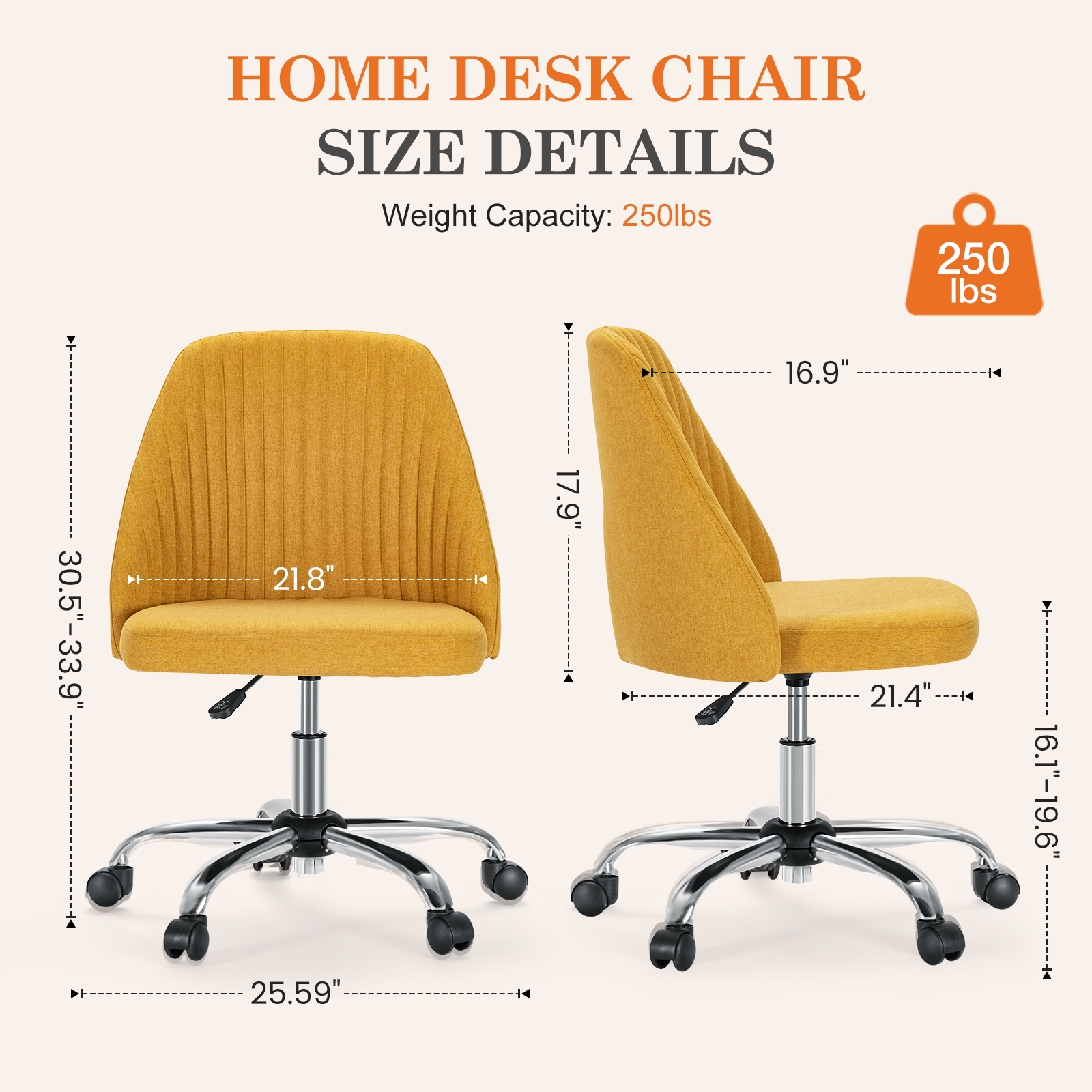 MAYEERTY Armless Office Desk Chair Height Adjustable, Mid Back Accent Chair, Yellow