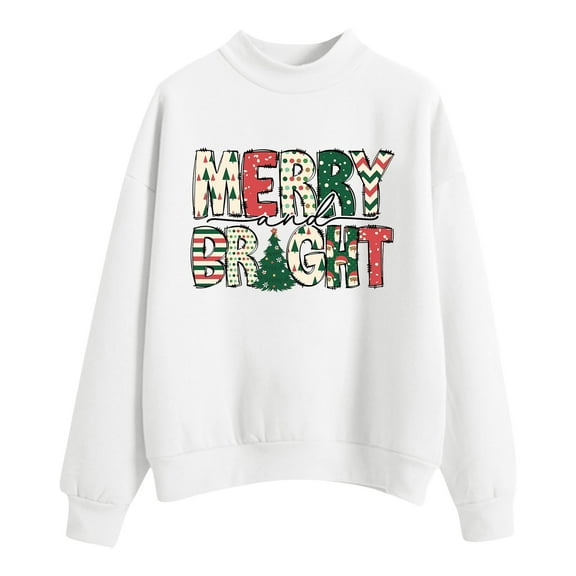 Fiaer Merry Christmas Women Sweatshirts Trendy Crew Neck Pullover Long Sleeve Plus Size Loose Fit Casual Tops White XL