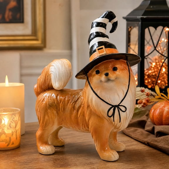 Halloween Pomeranian Figurine, Pomeranian Dog Figurine with Striped Witch Hat, Cute Halloween Dog Decor for Mantel Shelf Tabletop, Resin Fall Home Decor Gift