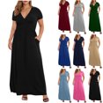 thumbnail image 1 of Robes d'Été pour Femmes Zeophrasy Mode Robe Maxi à Manches Courtes Col en V Poches Solides Élégante Grande Taille Confortable Cadeau de Fête des Mères pour Femmes Filles, 1 of 9