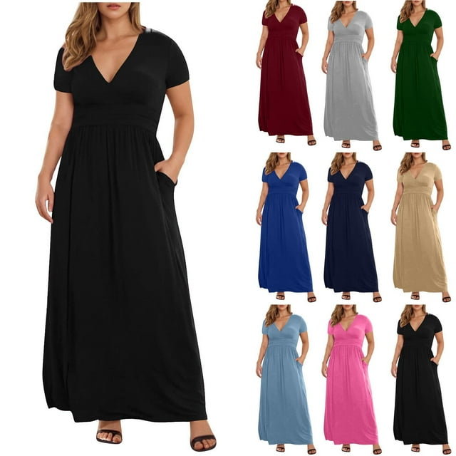 Robes d'Été pour Femmes Zeophrasy Mode Robe Maxi à Manches Courtes Col en V Poches Solides Élégante Grande Taille Confortable Cadeau de Fête des Mères pour Femmes Filles