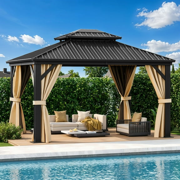Dextrus 10x12ft Outdoor Hardtop Gazebo with Nettings & Brown Curtains,Heavy Duty Double Roof Galvanized Steel Canopy, Sunshade for Garden, Patio, Lawns, Black&Brown