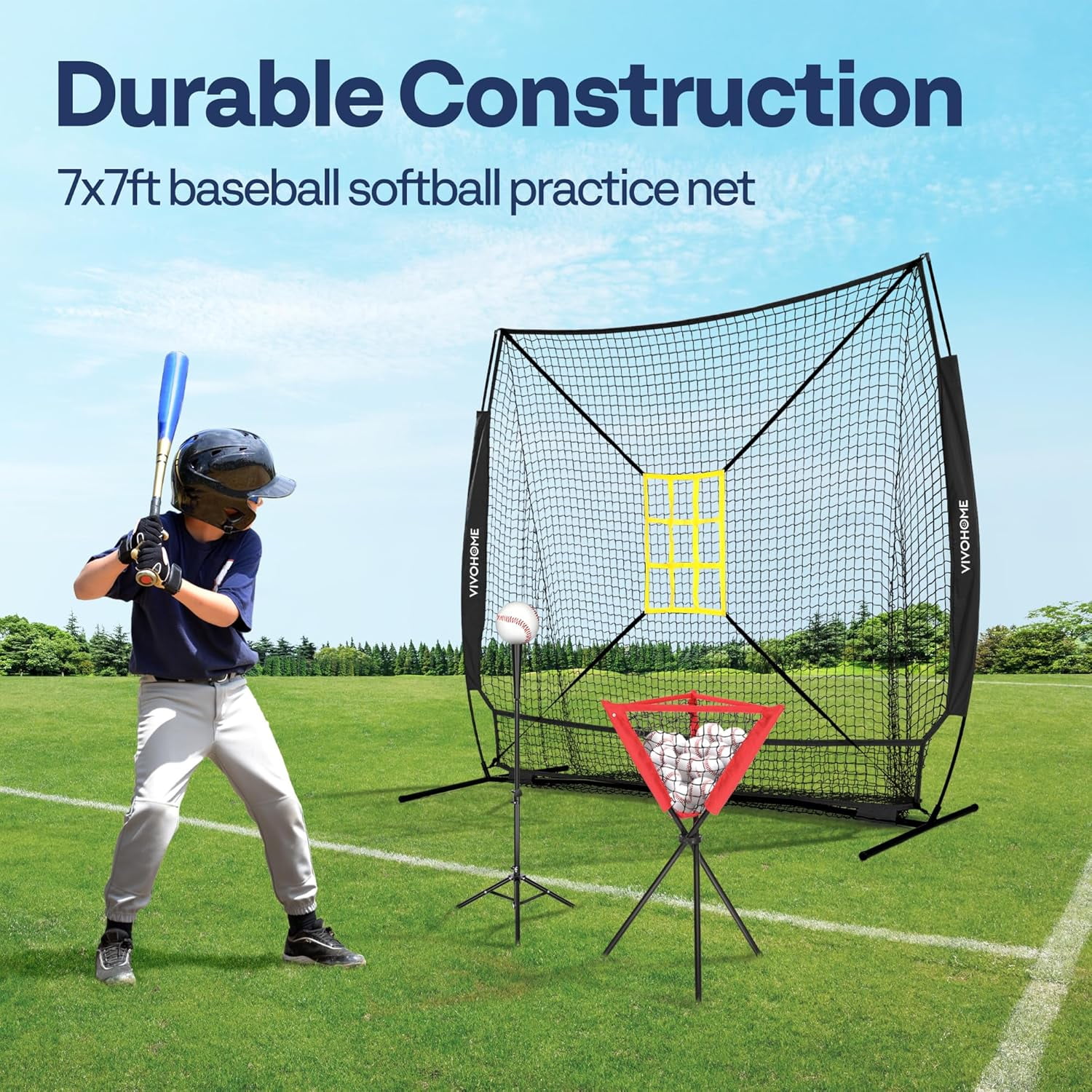 SPECSTAR Baseball Net, 7 x 7 ft Baseball Softball Hitting Net with Large Ball Collection System, with 2 Strike Zone, Batting Tee, Caddy, Carry Bag