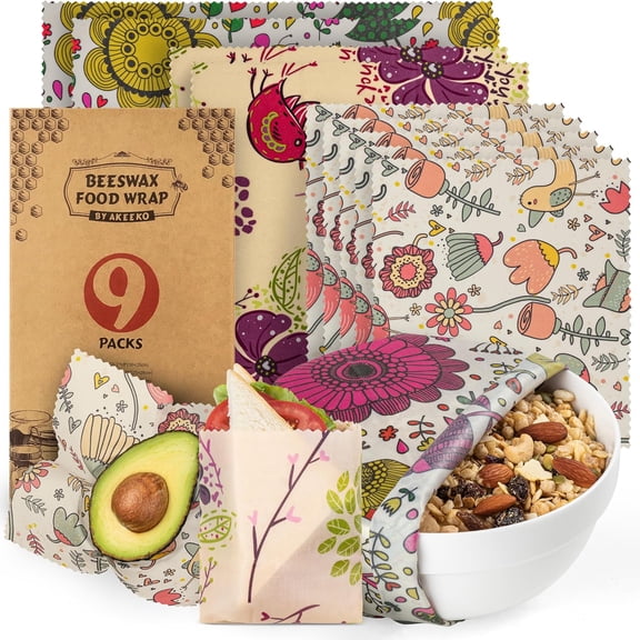 Reusable Beeswax Food Wraps - Assorted 9 Packs, Reusable, Plastic-Free Storage, 5 Small, 2 Medium, 1 Large, Extra Large with Plants and Boho Birds Pattern