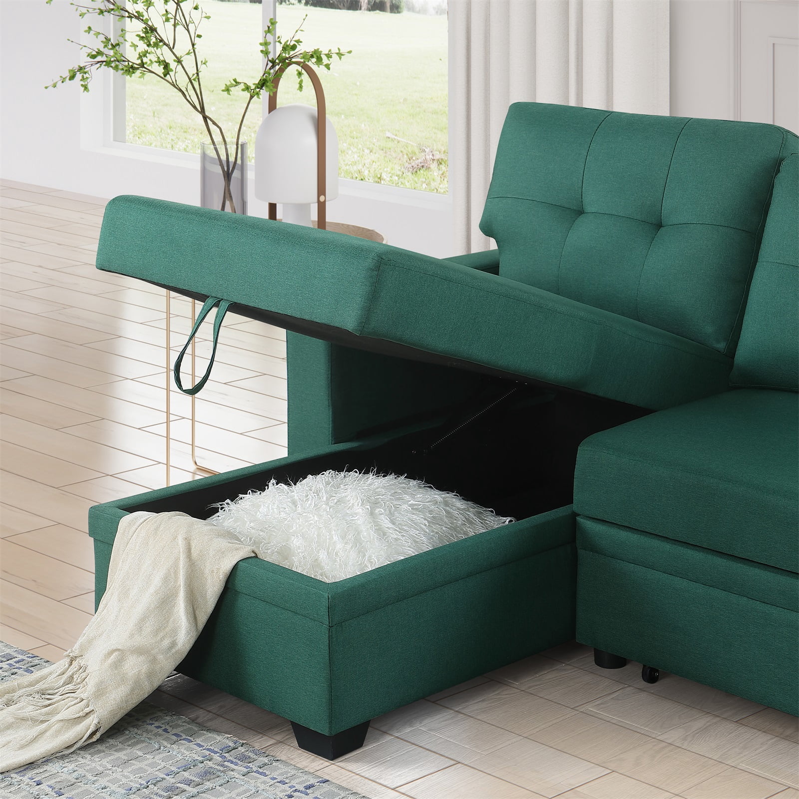 Hommoo 2 in 1 Pull Out Couch Bed Upholstered Sectional Sofa with Storage & Chaise, Convertible L Shaped Sleeper Sofa for Home,Green
