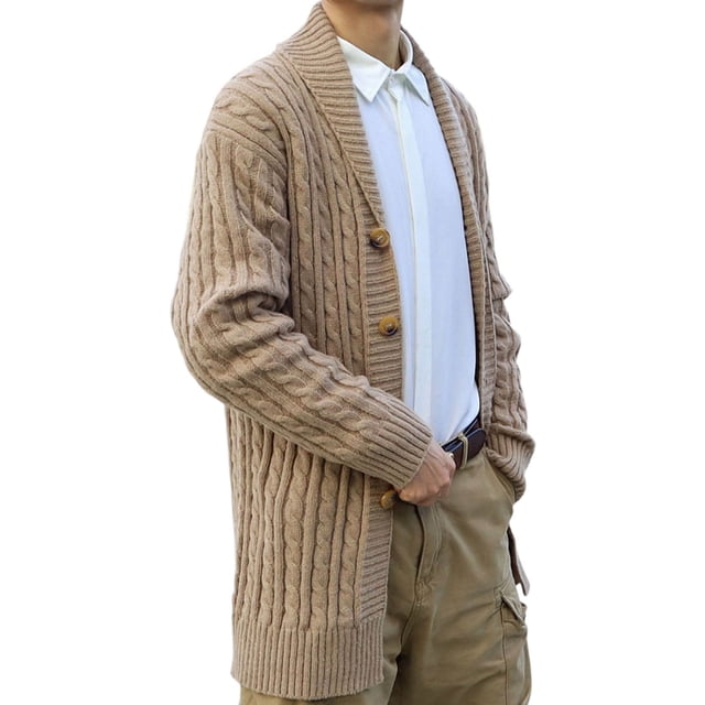 WAENQINLA Mens Long Cardigan Sweater Casual Long Sleeve Shawl Collar Cable Knit Outerwear Button down Chunky Ribbed Sweaters