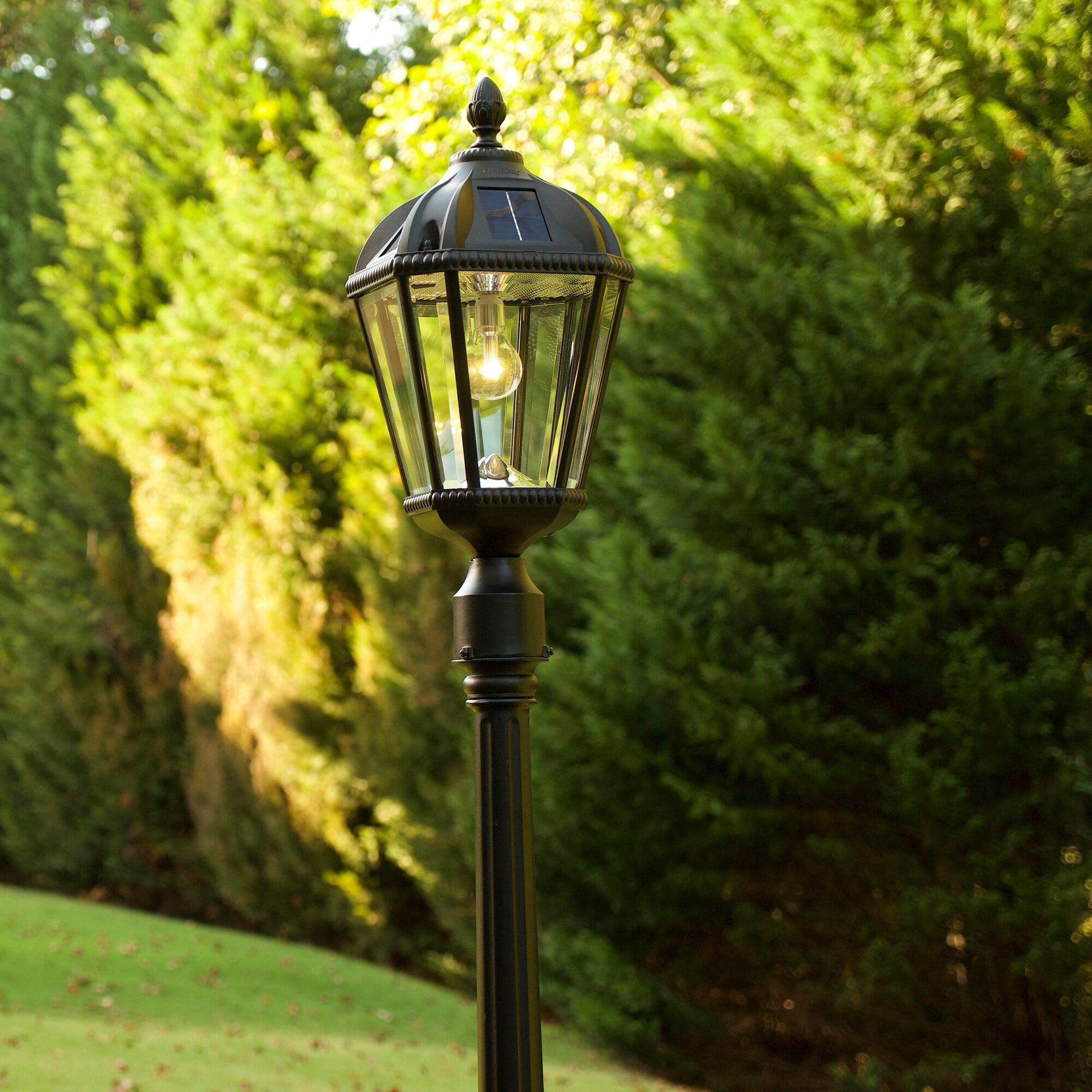 Gama Sonic Solar Outdoor Lamp Post Light, Black Cast Aluminum and Beveled Glass Panels, 10-Year Royal Bulb, Warm White LED with Omni-Direction Reflector, 87-inch Height, 98B001