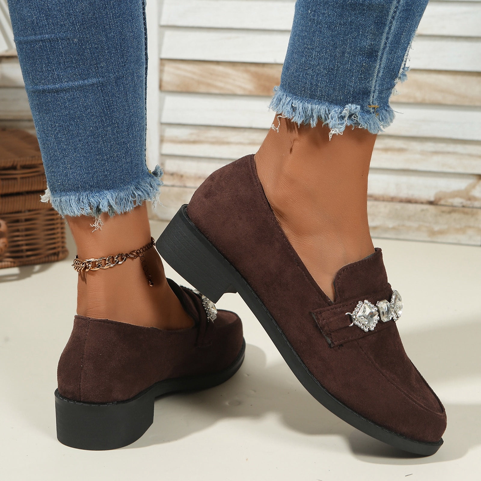 Suede Loafers for Women Comfortable Slip On Glitter Rhinestone Dress Shoes Block Low Heel Non Slip Fall Shoes Brown Size 7.5