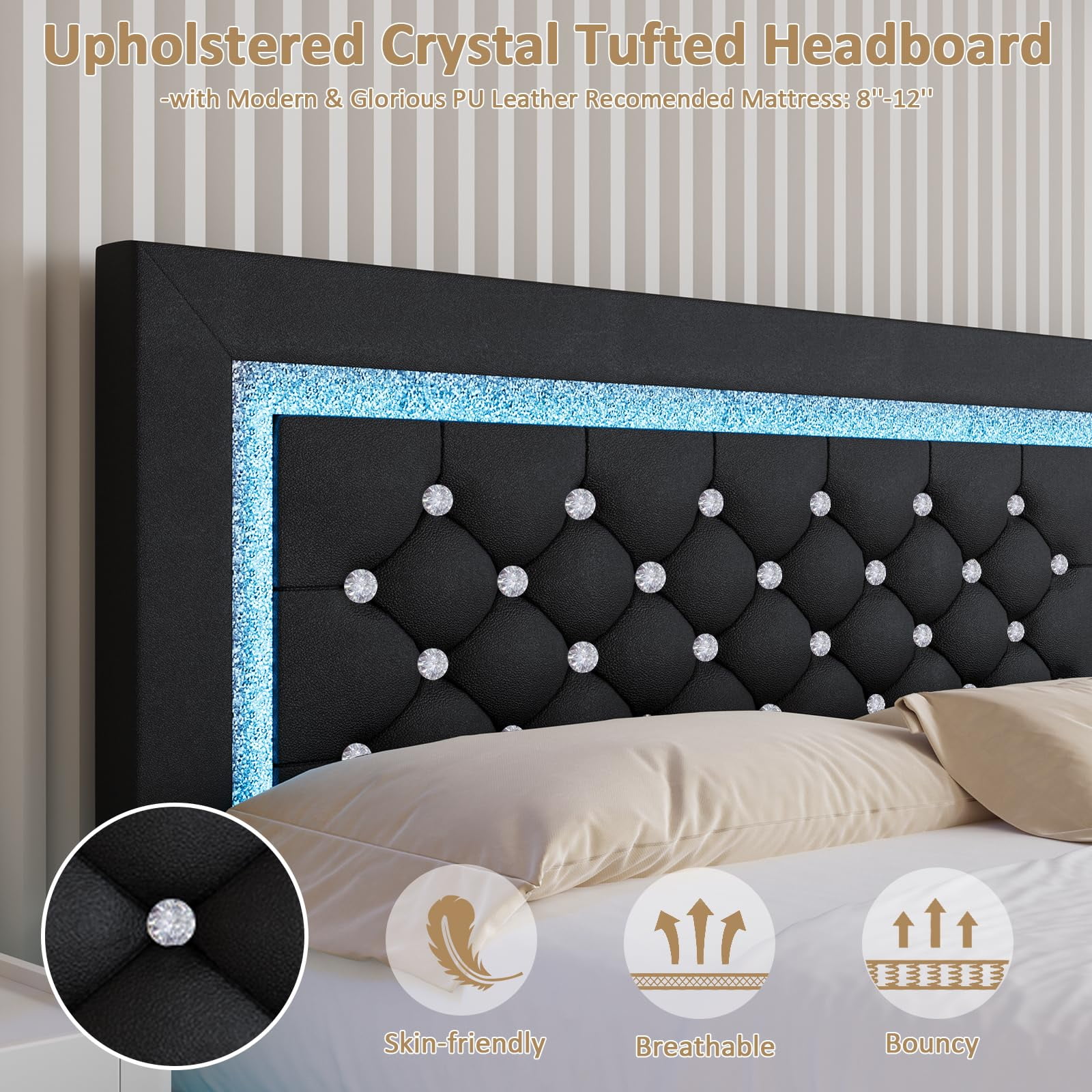4 Ever Winner Twin Floating Bed Frame with LED Lights, LED Upholstered Platform Bed Frame with Diamond Tufted Headboard, Black LED Bed Frame for Bedroom, Black
