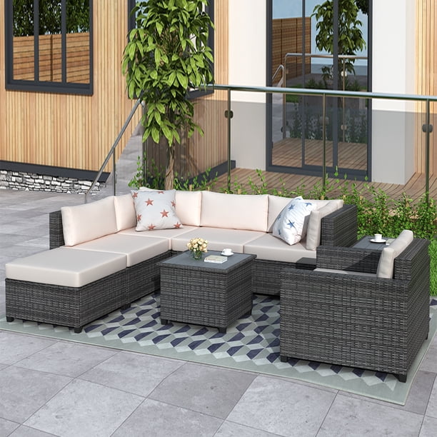 Clearance Patio Furniture Sets 8 Piece Wicker Patio Conversation Furniture Set With 6 Seat Cushions 7 Back Cushions 2pc Coffee Tables Patio Dining Sets For Backyard Porch Lawn Poolside Q12653 Walmart Com Walmart Com