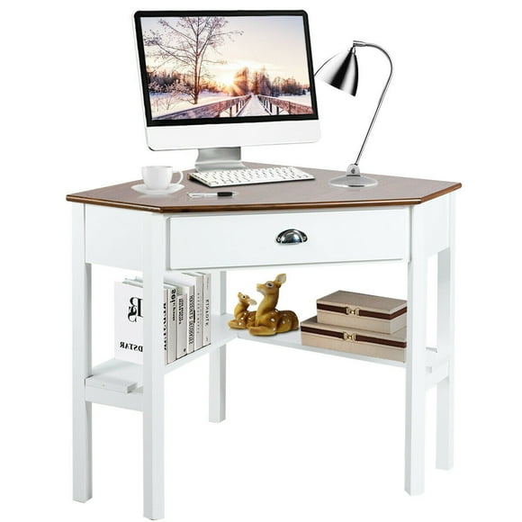 Gymax Corner Computer Desk Laptop Writing Table Workstation W/ Drawer & Shelves Natural