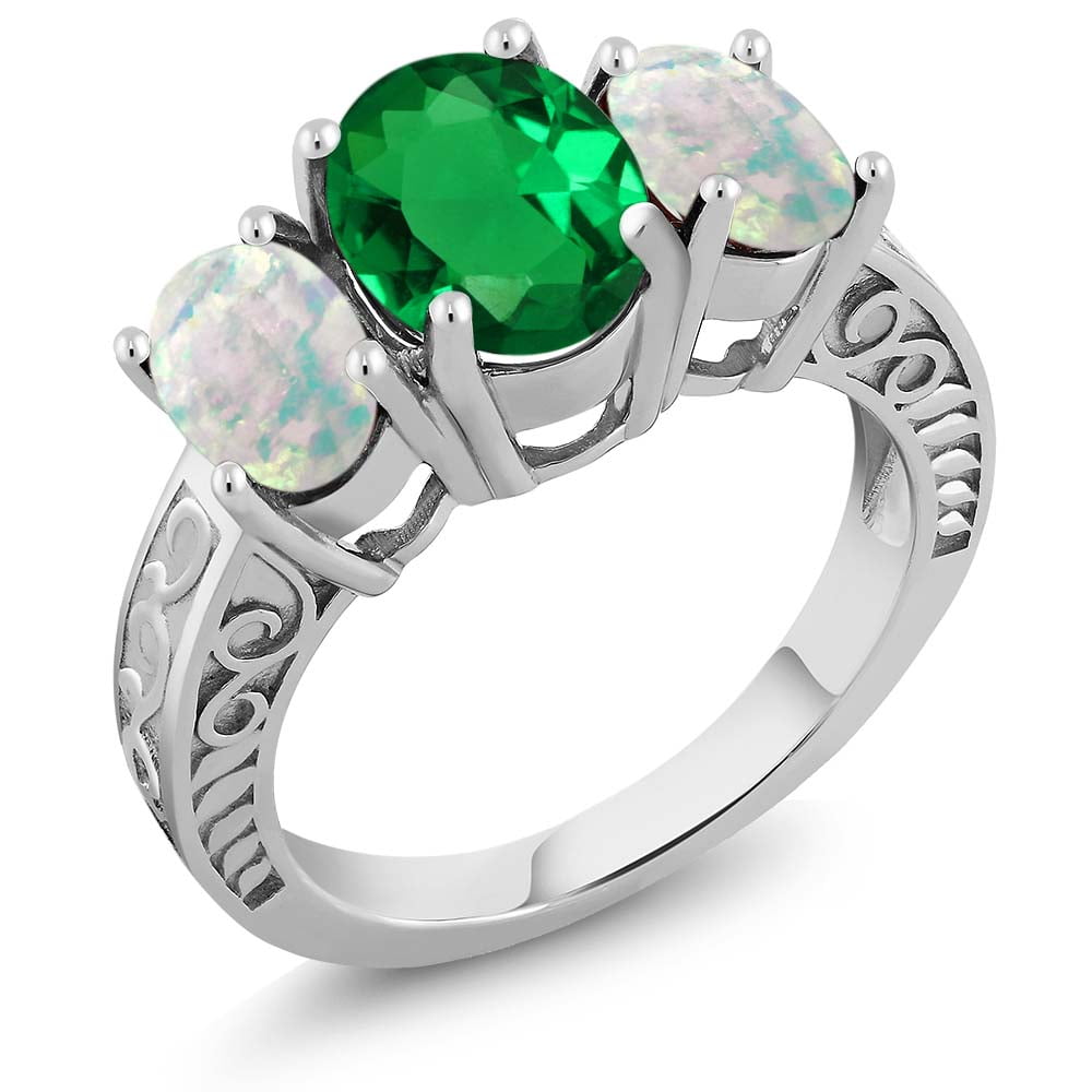 2.76 Ct Oval Green Simulated Emerald and Simulated Opal 925 Sterling Silver Ring by