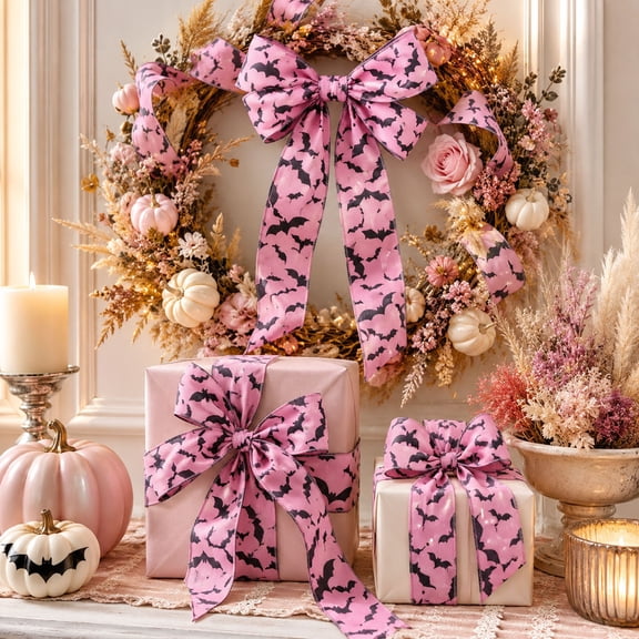 Roiihwy 180in Halloween Ribbon Party Decorations, Striped Ghost Bat Ribbon Pink Ghost Ribbon Spooky Gifts Wrapping Ribbons for Bow Wreath Craft Party Decor