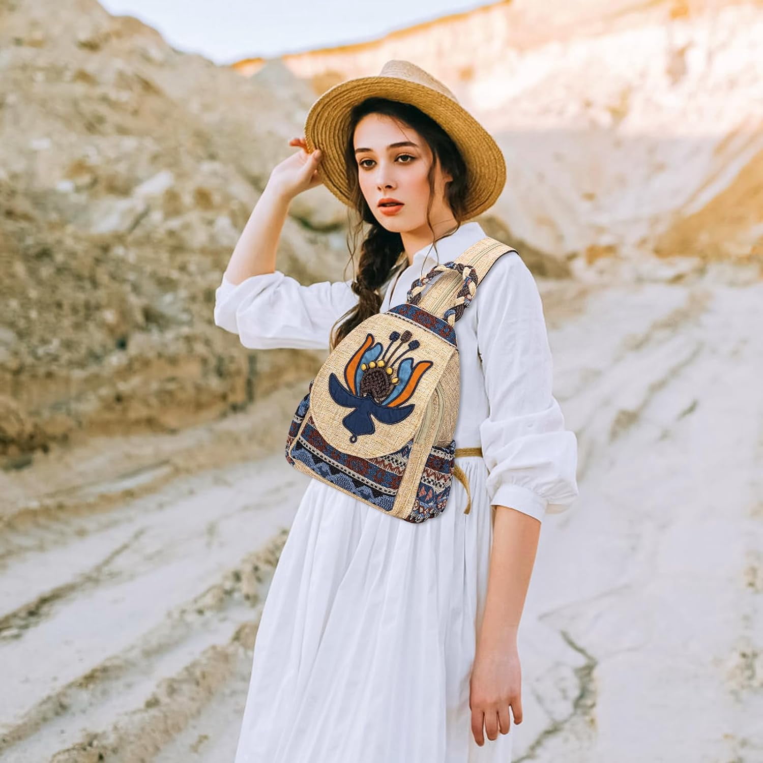 Backpack for Women, Boho Crossbody Sling Bags for Women with Cute Hand-woven Pattern Mini and Small Backpack (Flower)